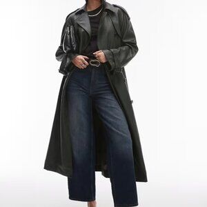 Topshop Textured Faux Leather Trench Coat Green Size XS NWT